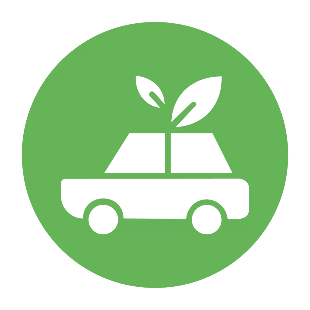 A green car adorned with a leaf on its roof, symbolizing Miraai's eco-friendly vehicle recycling and sustainability.