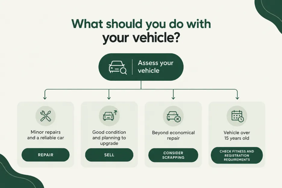 Flow chart for car repair assessment before choosing vehicle scrapping in Goa.