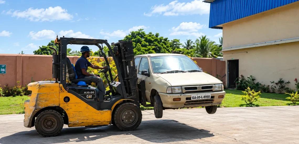 An old car being taken for scrapping at MIRAAI Registered Vehicle Scrapping Facility in Goa