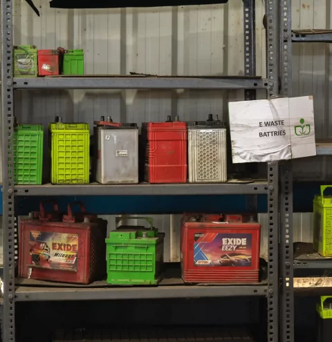 Used car batteries stored safely for recycling at MIRAAI in Goa 