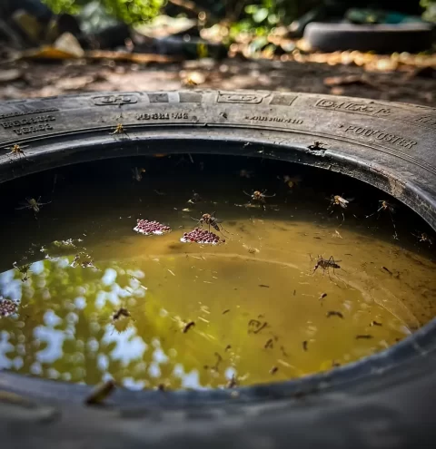 Water stagnation inside abandoned tyres during the rainy season in Goa.
