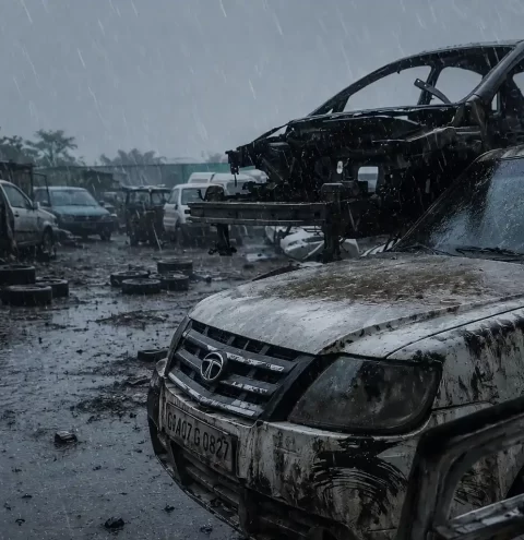 Abandoned vehicles exposed to heavy rains in Goa  during the monsoon season